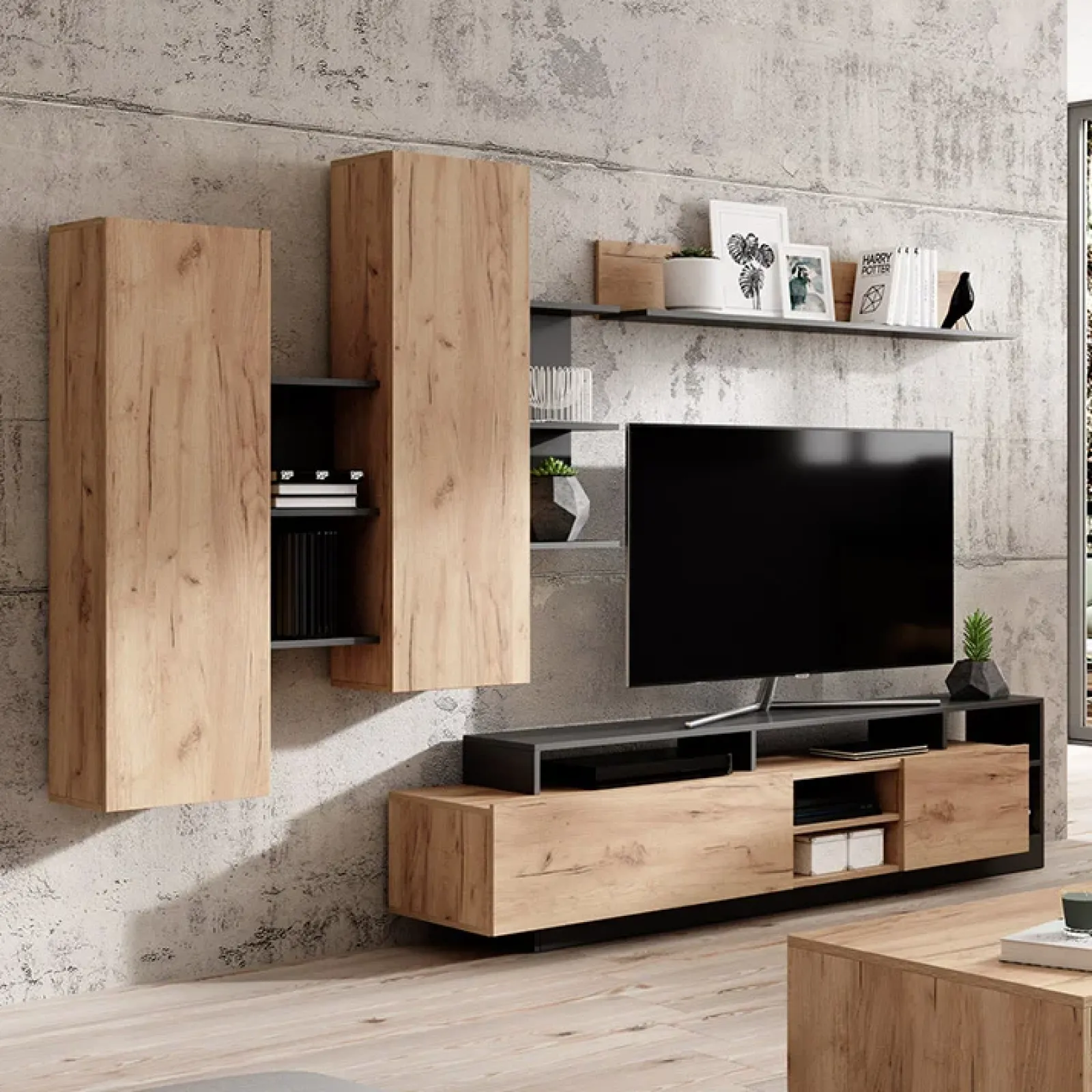 Garnero Arredamenti Parete Attrezzata A Terra|Pareti Attrezzate-Parete attrezzata 260x190h cm rovere antracite Blob Rovere - Antracite