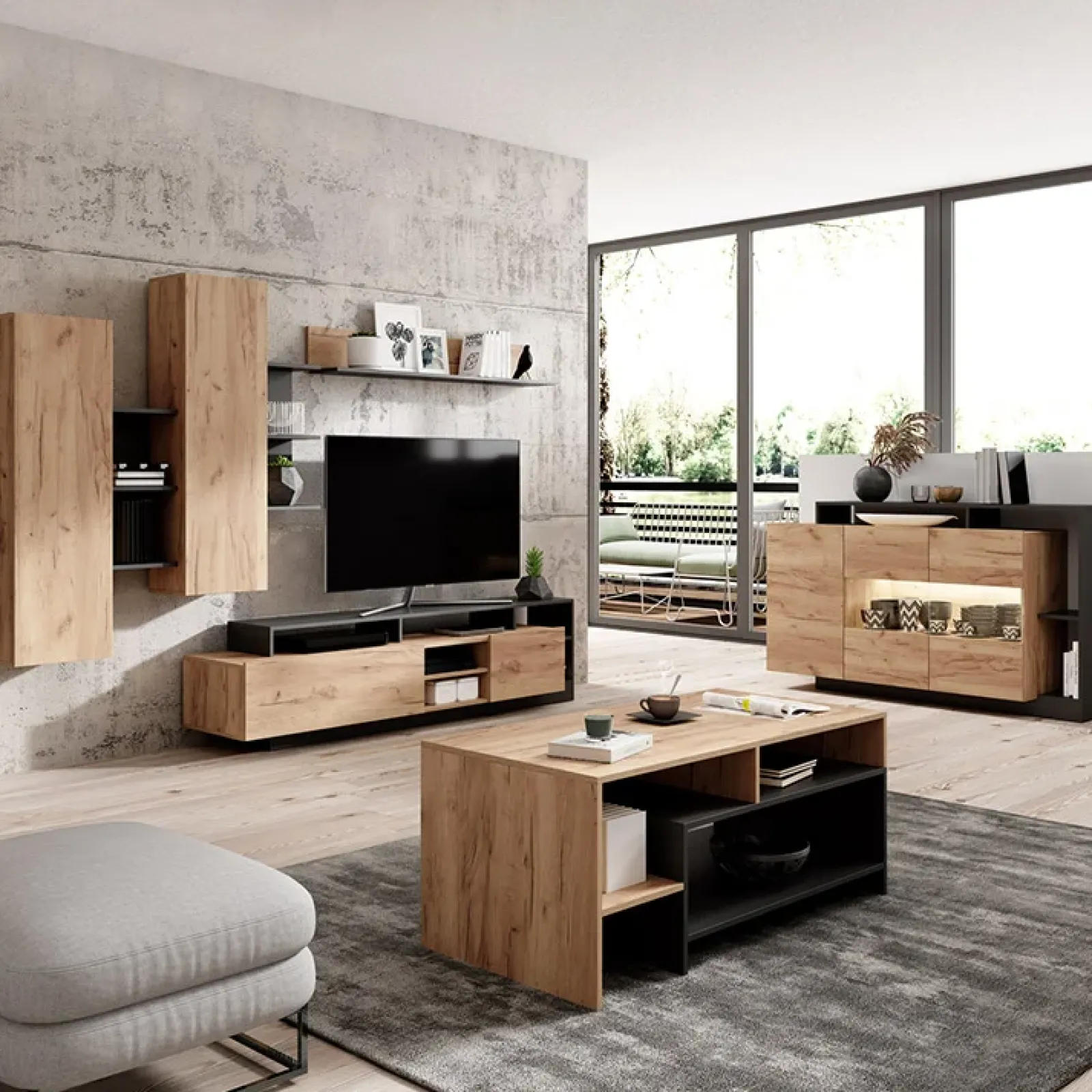 Garnero Arredamenti Parete Attrezzata A Terra|Pareti Attrezzate-Parete attrezzata 260x190h cm rovere antracite Blob Rovere - Antracite