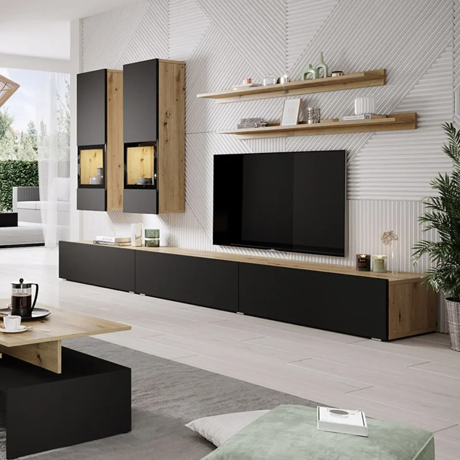 Garnero Arredamenti Parete Attrezzata A Terra|Pareti Attrezzate-Parete attrezzata 270x176h cm rovere chiaro nero Emotion Gihome® Rovere - Nero opaco