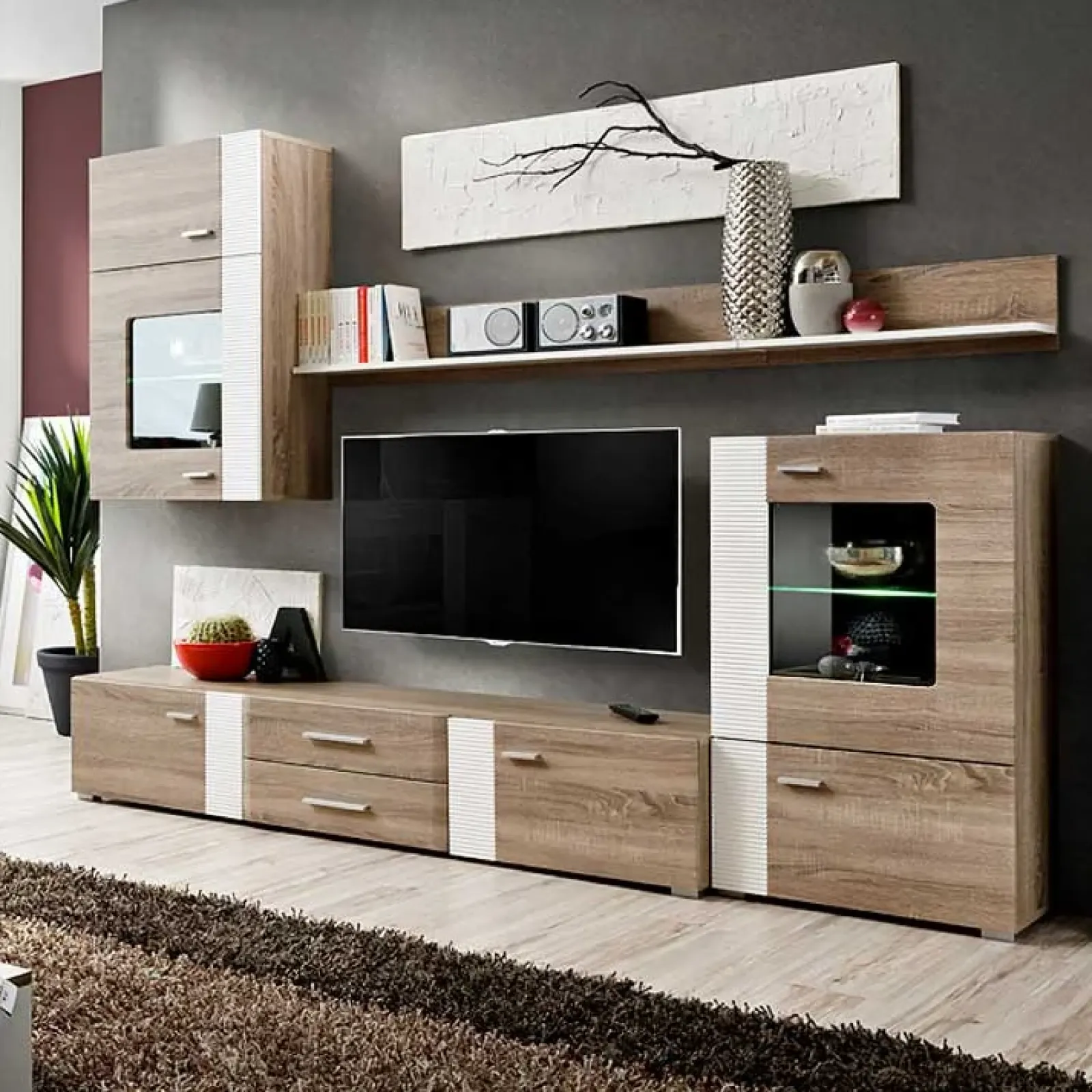 Garnero Arredamenti Parete Attrezzata A Terra|Pareti Attrezzate-Parete attrezzata 240x190h cm rovere bianco lucido Mexico Gihome®