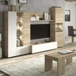 Garnero Arredamenti Parete Attrezzata A Terra|Pareti Attrezzate-Parete attrezzata 260x185h cm soggiorno rovere bianco lucido Gary