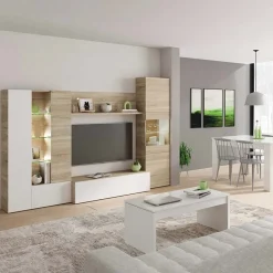 Garnero Arredamenti Parete Attrezzata A Terra|Pareti Attrezzate-Parete attrezzata 260x185h cm soggiorno rovere bianco lucido Gary