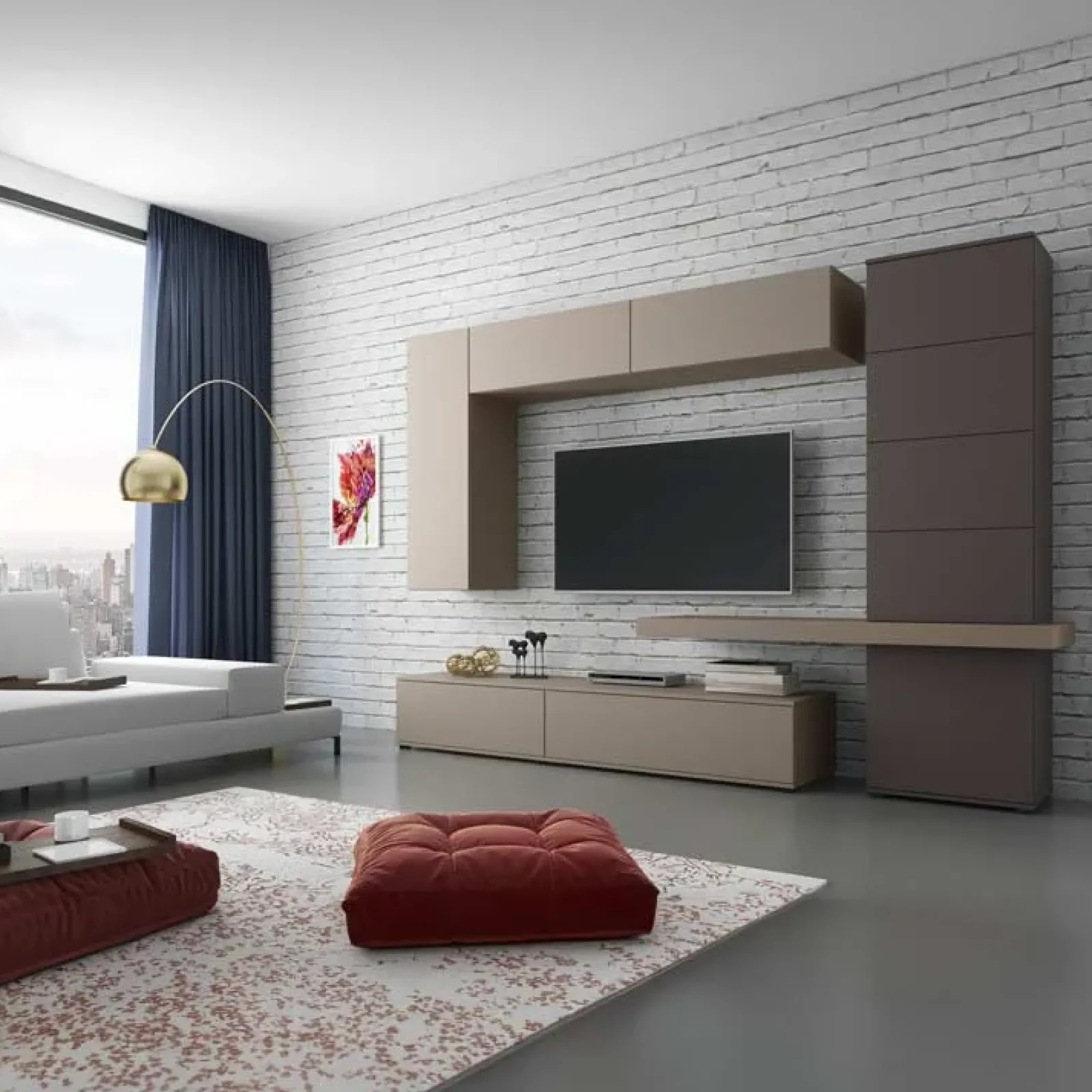 Garnero Arredamenti Parete Attrezzata A Terra|Pareti Attrezzate-Parete attrezzata 300x208h cm soggiorno tortora testa di moro Planet