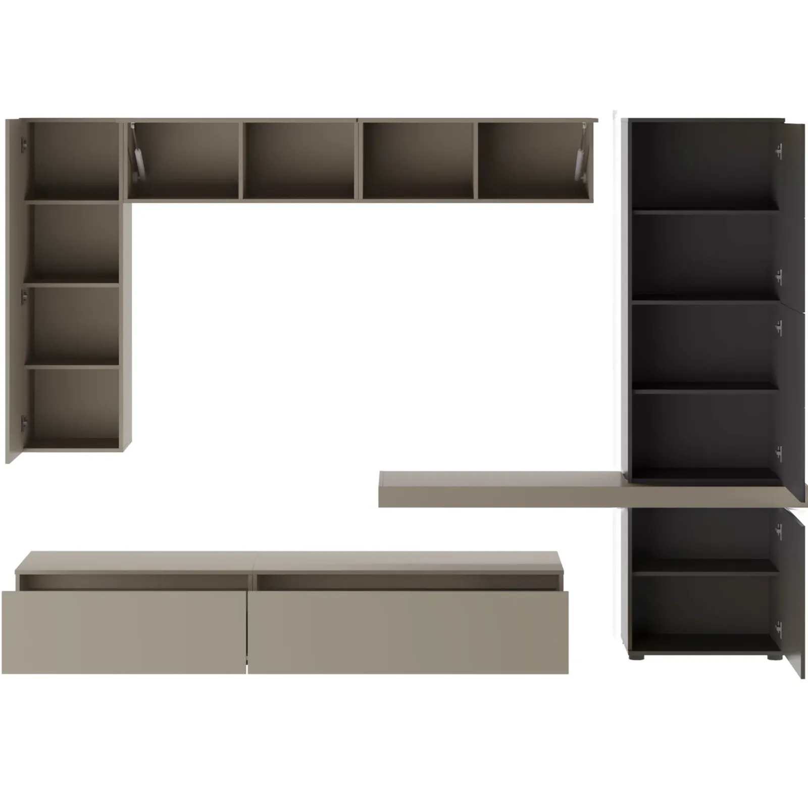 Garnero Arredamenti Parete Attrezzata A Terra|Pareti Attrezzate-Parete attrezzata 300x208h cm soggiorno tortora testa di moro Planet