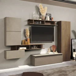 Garnero Arredamenti Parete Attrezzata A Terra|Pareti Attrezzate-Parete attrezzata 295x186h cm salvaspazio moderna tortora rovere scuro Sunset 38 Tortora - Noce