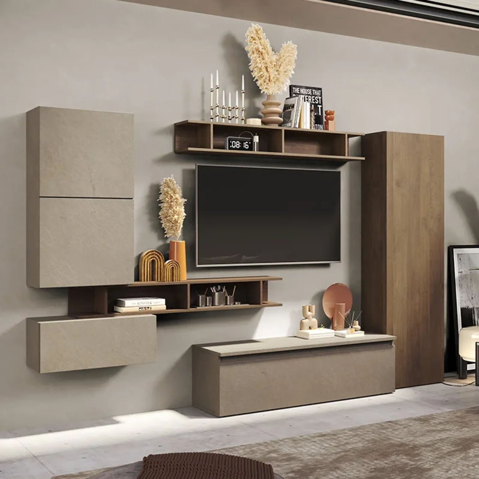 Garnero Arredamenti Parete Attrezzata A Terra|Pareti Attrezzate-Parete attrezzata 295x186h cm salvaspazio moderna tortora rovere scuro Sunset 38 Tortora - Noce