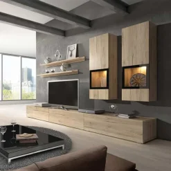 Garnero Arredamenti Parete Attrezzata A Terra|Pareti Attrezzate-Parete attrezzata 270x176h cm soggiorno moderna nero Emotion Gihome® Rovere