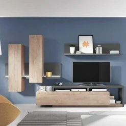 Garnero Arredamenti Parete Attrezzata A Terra|Pareti Attrezzate-Parete attrezzata 219x205h cm soggiorno rovere antracite Megan Gihome® Antracite - Rovere