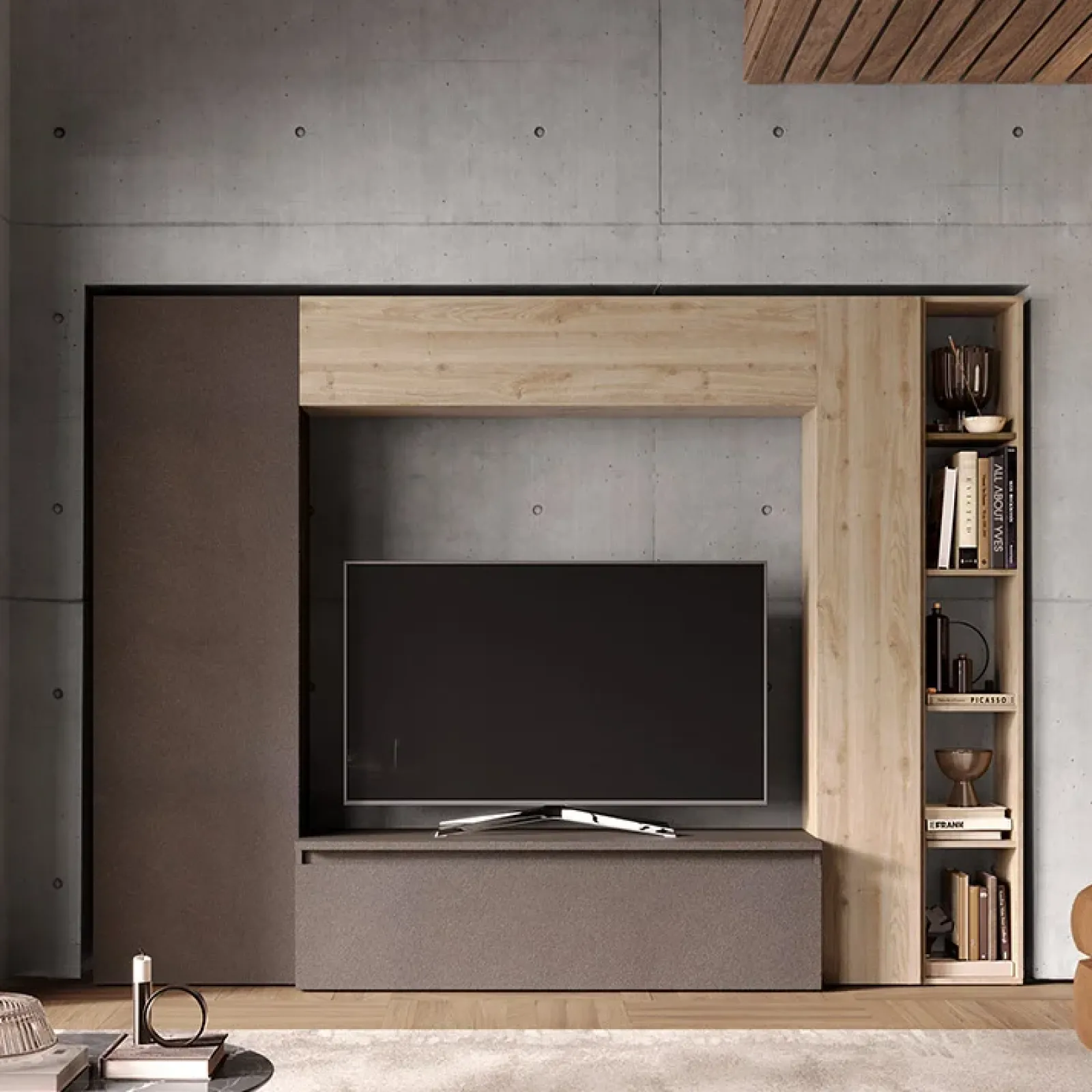 Garnero Arredamenti Parete Attrezzata A Terra|Pareti Attrezzate-Parete attrezzata 249x186h cm salvaspazio marrone rovere chiaro Sunset 9 Marrone - Rovere