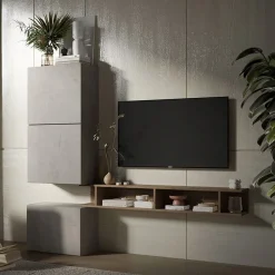 Garnero Arredamenti Parete Attrezzata Sospesa|Pareti Attrezzate-Parete attrezzata 180x160h cm soggiorno tortora rovere scuro Sunset 51 Rovere - Tortora