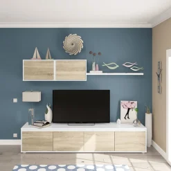 Garnero Arredamenti Parete Attrezzata A Terra|Pareti Attrezzate-Parete attrezzata 200x140h cm soggiorno rovere bianco opaco Itaca Rovere - Bianco opaco