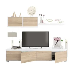 Garnero Arredamenti Parete Attrezzata A Terra|Pareti Attrezzate-Parete attrezzata 200x140h cm soggiorno rovere bianco opaco Itaca Rovere - Bianco opaco