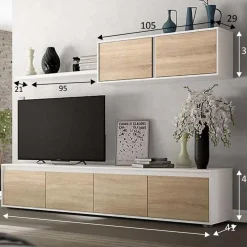 Garnero Arredamenti Parete Attrezzata A Terra|Pareti Attrezzate-Parete attrezzata 200x140h cm soggiorno rovere bianco opaco Itaca Rovere - Bianco opaco