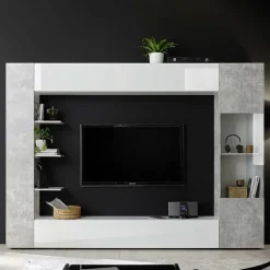 Garnero Arredamenti Parete Attrezzata A Terra|Pareti Attrezzate-Parete attrezzata 257x187h cm soggiorno bianco lucido cemento Steppi 3