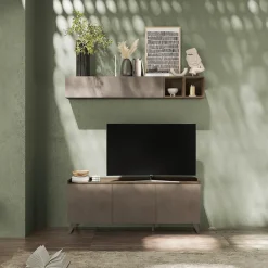 Garnero Arredamenti Parete Attrezzata A Terra|Pareti Attrezzate-Parete attrezzata 181x200h cm soggiorno bronzo rovere scuro Jonson Tortora - Noce