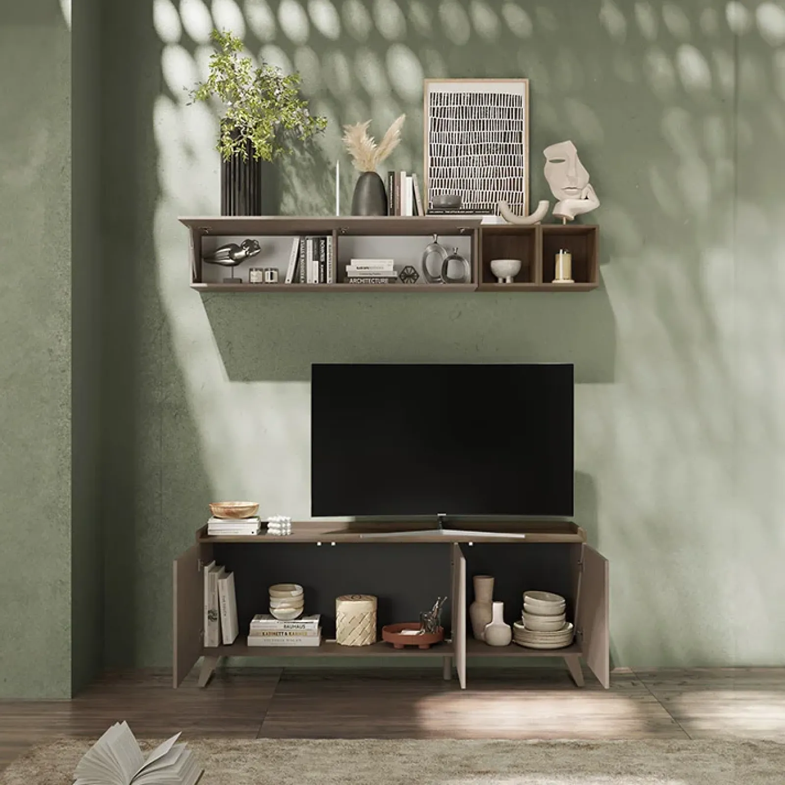 Garnero Arredamenti Parete Attrezzata A Terra|Pareti Attrezzate-Parete attrezzata 181x200h cm soggiorno bronzo rovere scuro Jonson Tortora - Noce