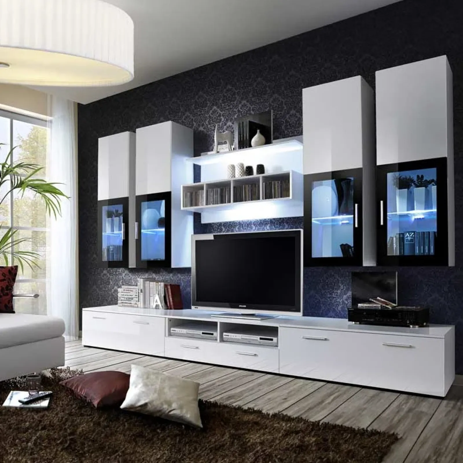 Garnero Arredamenti Parete Attrezzata A Terra|Pareti Attrezzate-Parete attrezzata 300x190h cm soggiorno bianco lucido Barrie Gihome® Bianco Lucido - Bianco Lucido