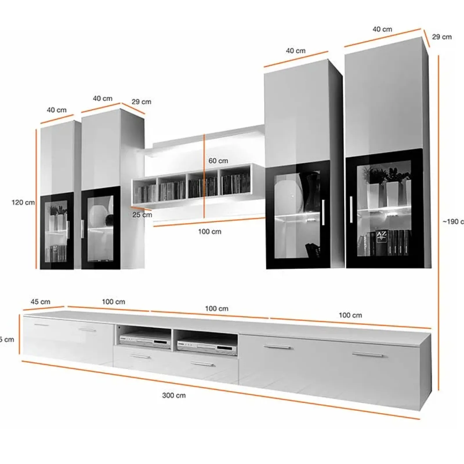 Garnero Arredamenti Parete Attrezzata A Terra|Pareti Attrezzate-Parete attrezzata 300x190h cm soggiorno bianco lucido Barrie Gihome® Bianco Lucido - Bianco Lucido