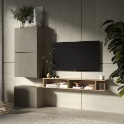 Garnero Arredamenti Parete Attrezzata Sospesa|Pareti Attrezzate-Parete attrezzata 180x160h cm soggiorno rovere chiaro tortora Sunset 51 Rovere - Tortora