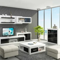 Garnero Arredamenti Parete Attrezzata A Terra|Pareti Attrezzate-Parete attrezzata 240x210h cm soggiorno  bianco opaco nero lucido Susan Gihome® Bianco Opaco - Nero Lucido