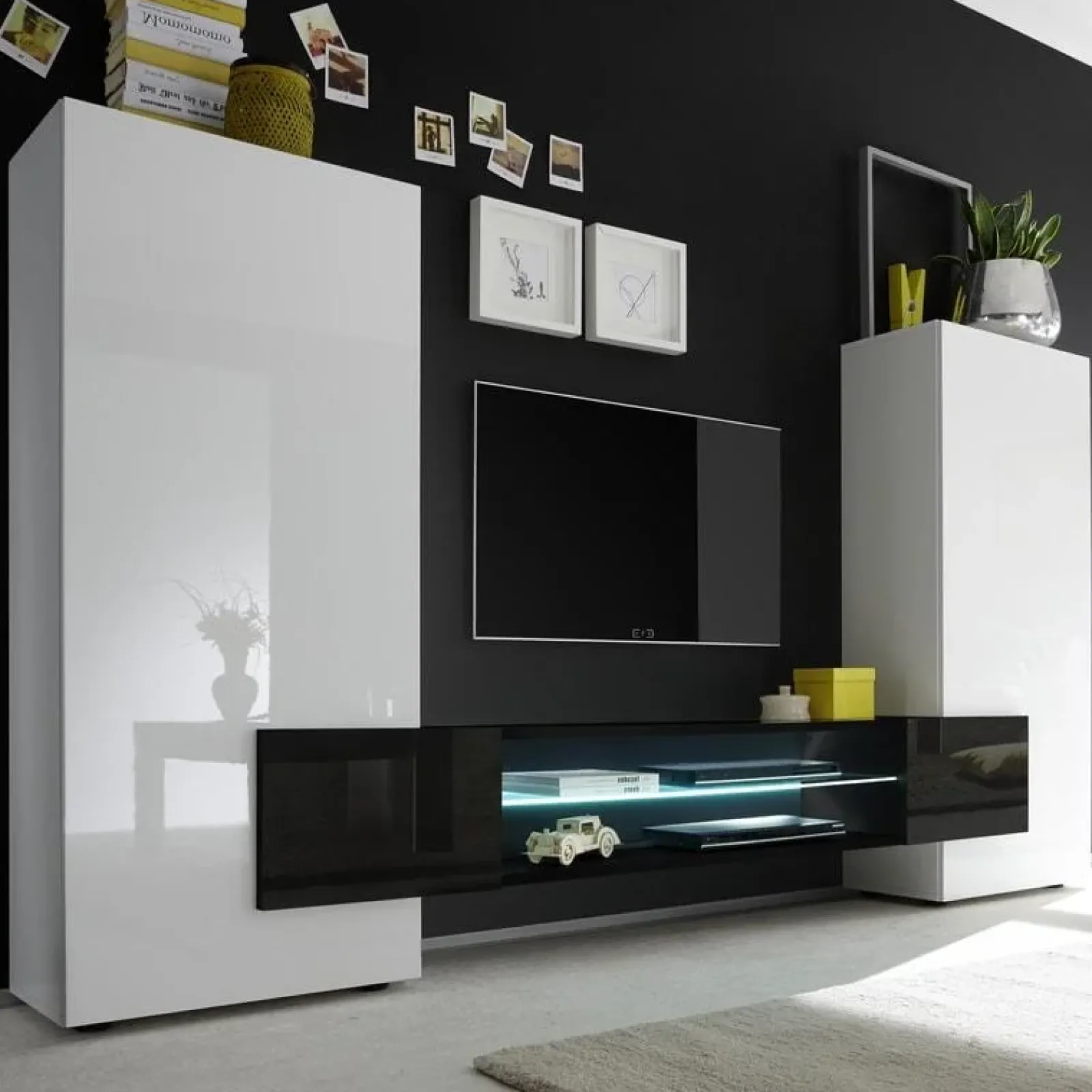 Garnero Arredamenti Parete Attrezzata A Terra|Pareti Attrezzate-Parete attrezzata 258x143h cm soggiorno bianco nero lucido Starck Bianco Lucido - Nero Lucido