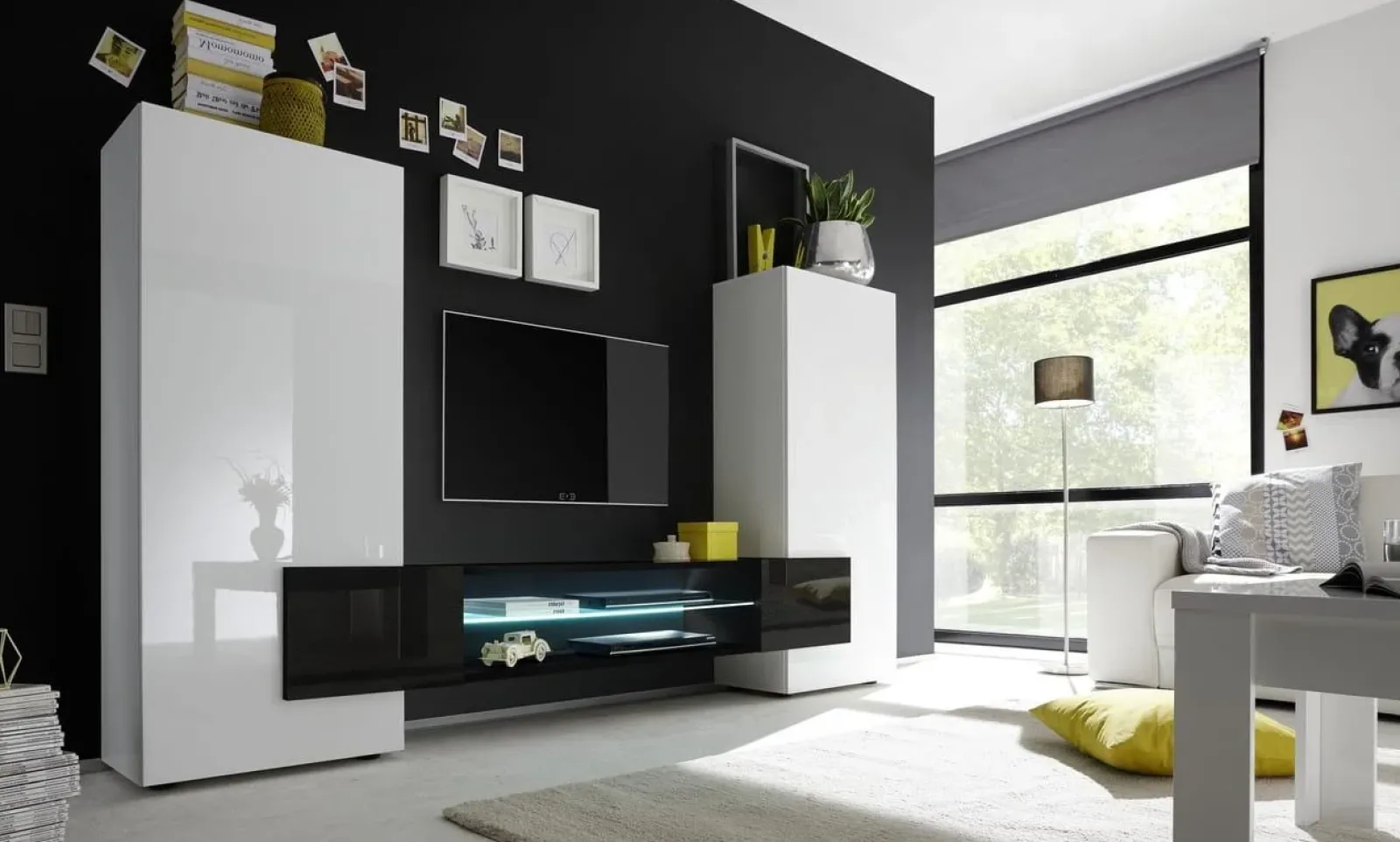 Garnero Arredamenti Parete Attrezzata A Terra|Pareti Attrezzate-Parete attrezzata 258x143h cm soggiorno bianco nero lucido Starck Bianco Lucido - Nero Lucido