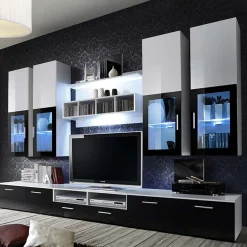 Garnero Arredamenti Parete Attrezzata A Terra|Pareti Attrezzate-Parete attrezzata 300x190h cm soggiorno nero e bianco lucido Barrie Gihome® Nero Lucido - Bianco Lucido