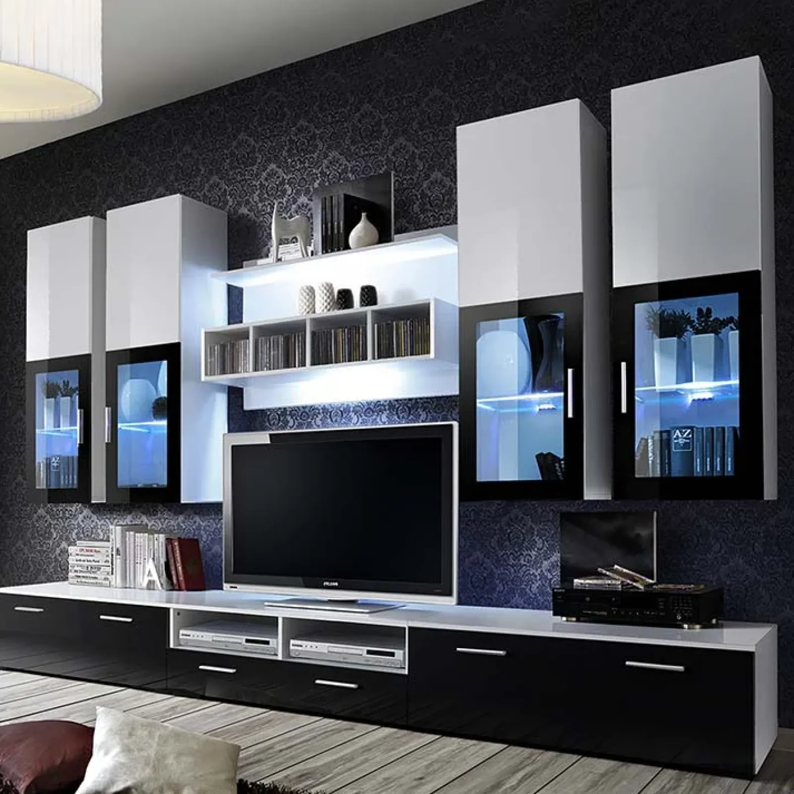 Garnero Arredamenti Parete Attrezzata A Terra|Pareti Attrezzate-Parete attrezzata 300x190h cm soggiorno nero e bianco lucido Barrie Gihome® Nero Lucido - Bianco Lucido