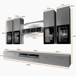 Garnero Arredamenti Parete Attrezzata A Terra|Pareti Attrezzate-Parete attrezzata 300x190h cm soggiorno nero e bianco lucido Barrie Gihome® Nero Lucido - Bianco Lucido