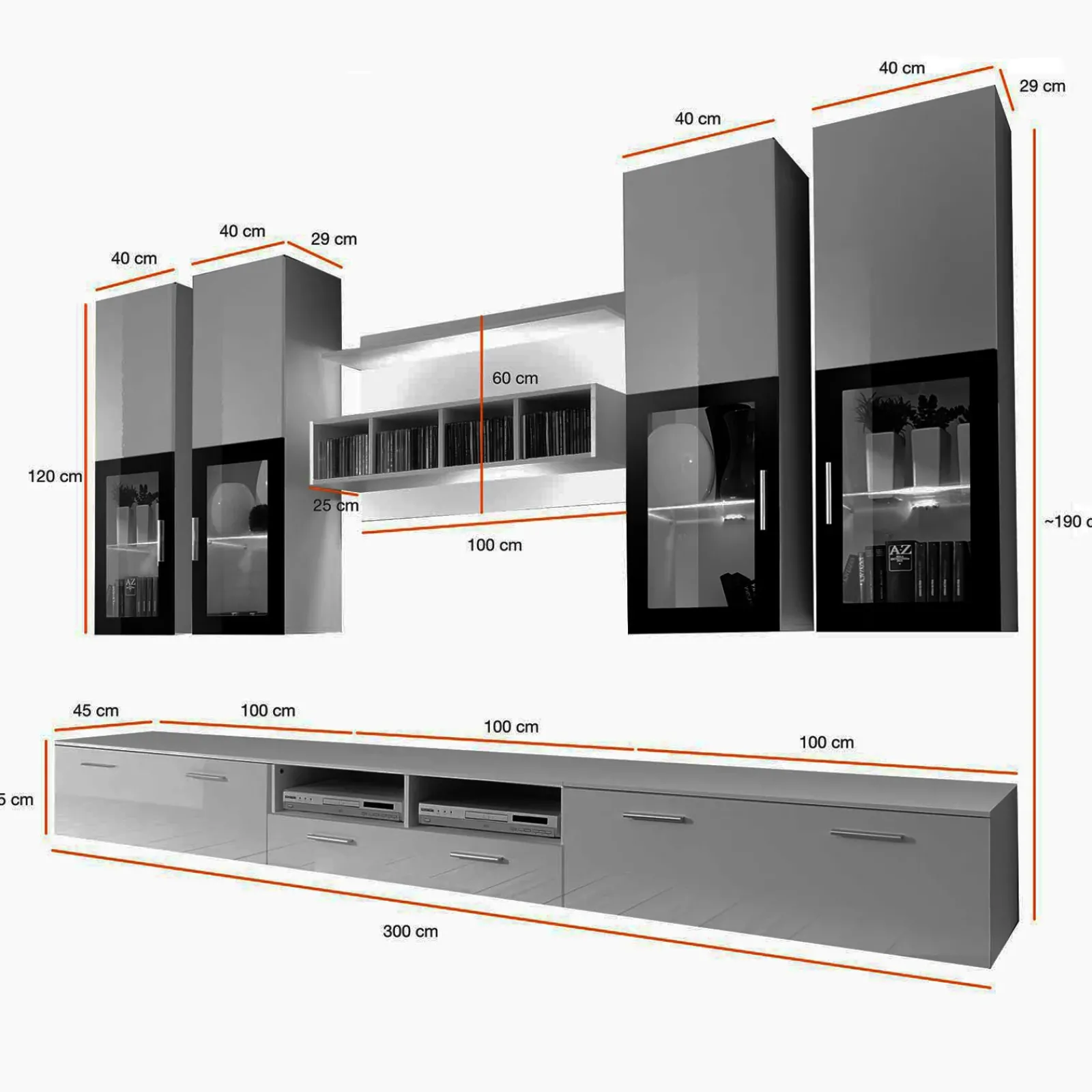 Garnero Arredamenti Parete Attrezzata A Terra|Pareti Attrezzate-Parete attrezzata 300x190h cm soggiorno nero e bianco lucido Barrie Gihome® Nero Lucido - Bianco Lucido