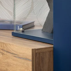 Garnero Arredamenti Parete Attrezzata Sospesa|Pareti Attrezzate-Parete attrezzata 210x162h cm soggiorno con led blu scuro rovere Feola