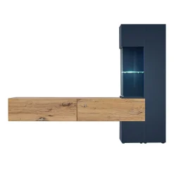 Garnero Arredamenti Parete Attrezzata Sospesa|Pareti Attrezzate-Parete attrezzata 210x162h cm soggiorno con led blu scuro rovere Feola