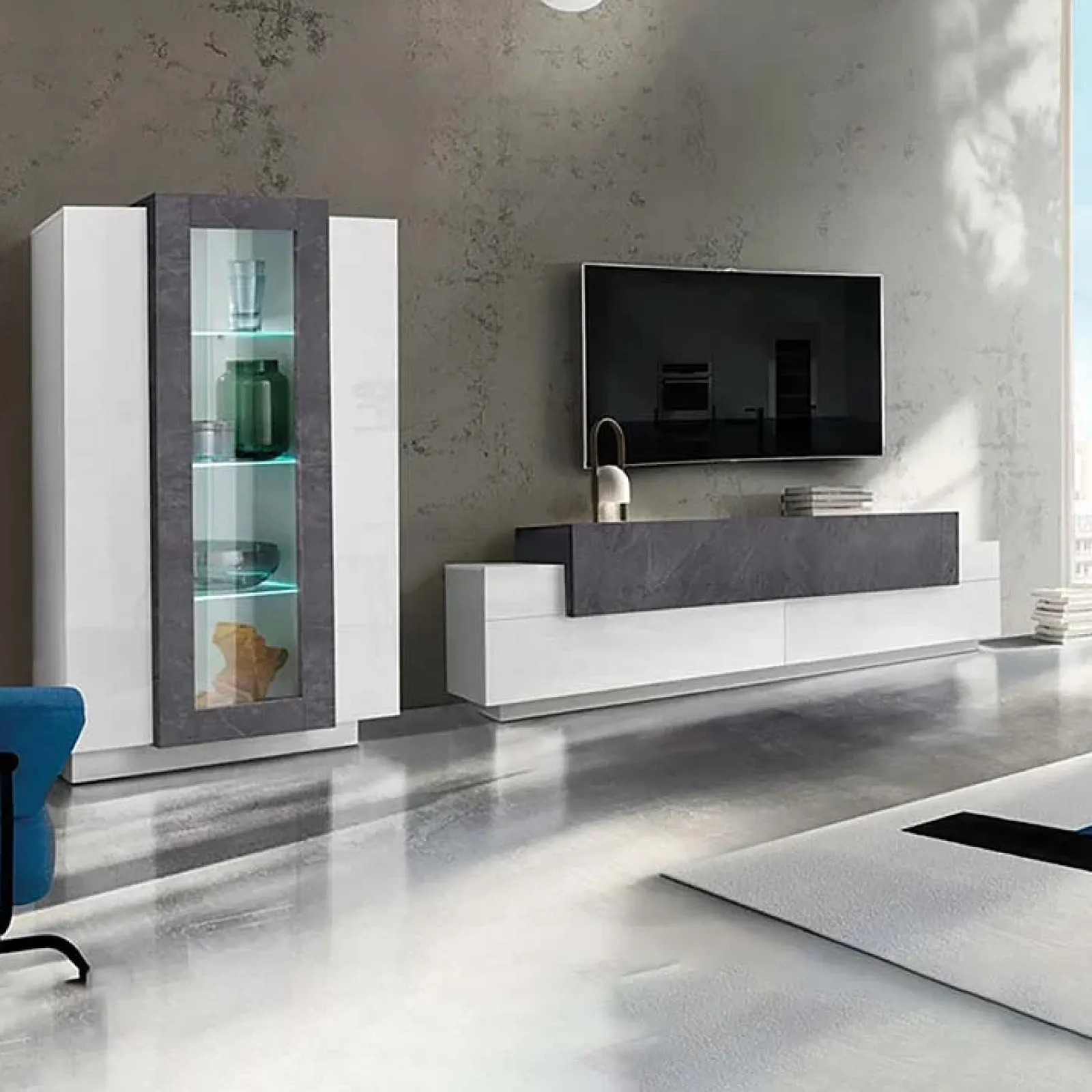 Garnero Arredamenti Parete Attrezzata A Terra|Pareti Attrezzate-Parete attrezzata 290X121h cm soggiorno bianco ossido Milos Gihome® Bianco Lucido - Ossido