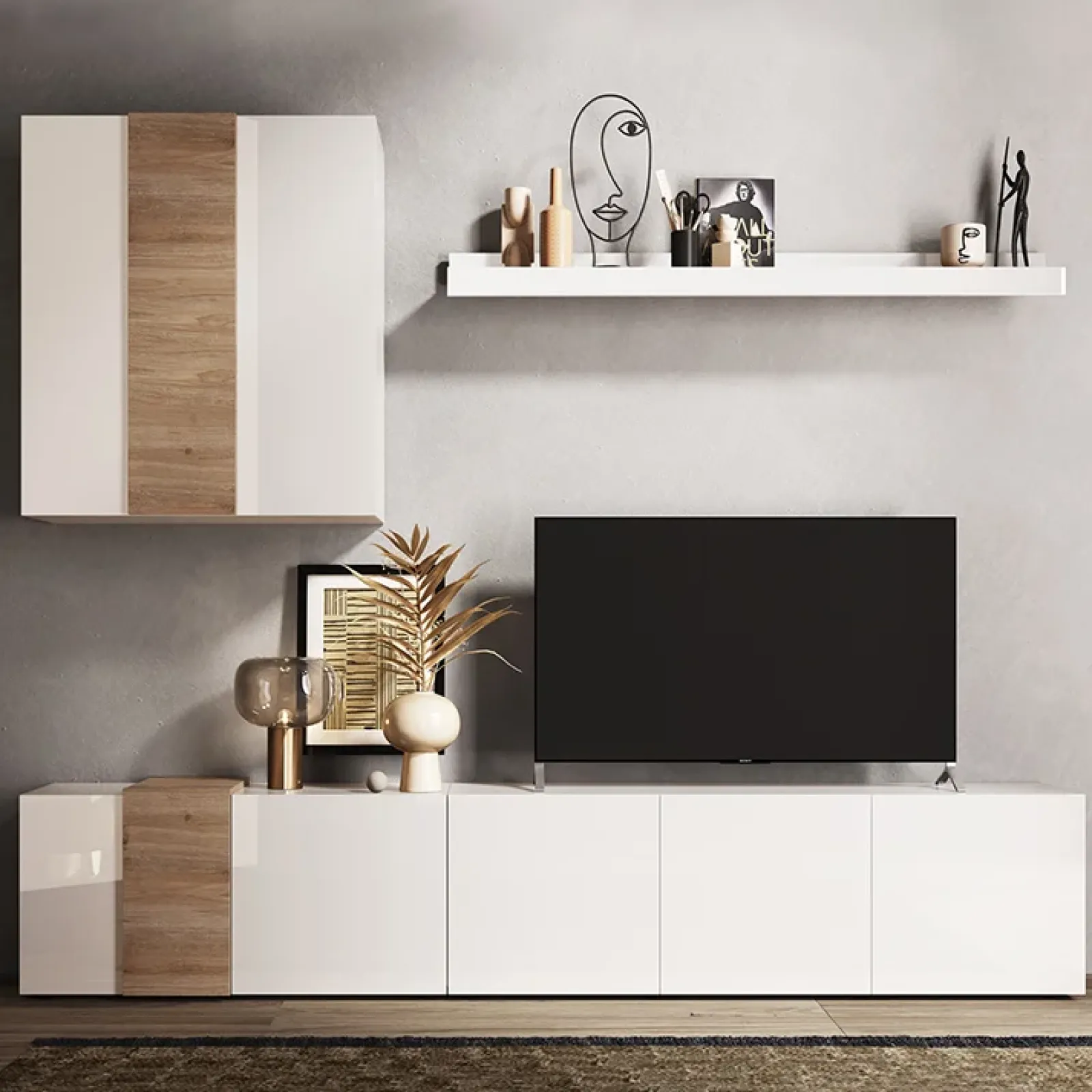 Garnero Arredamenti Parete Attrezzata A Terra|Pareti Attrezzate-Parete attrezzata 301x220h cm soggiorno moderna bianco lucido rovere Universal Bianco Lucido - Rovere