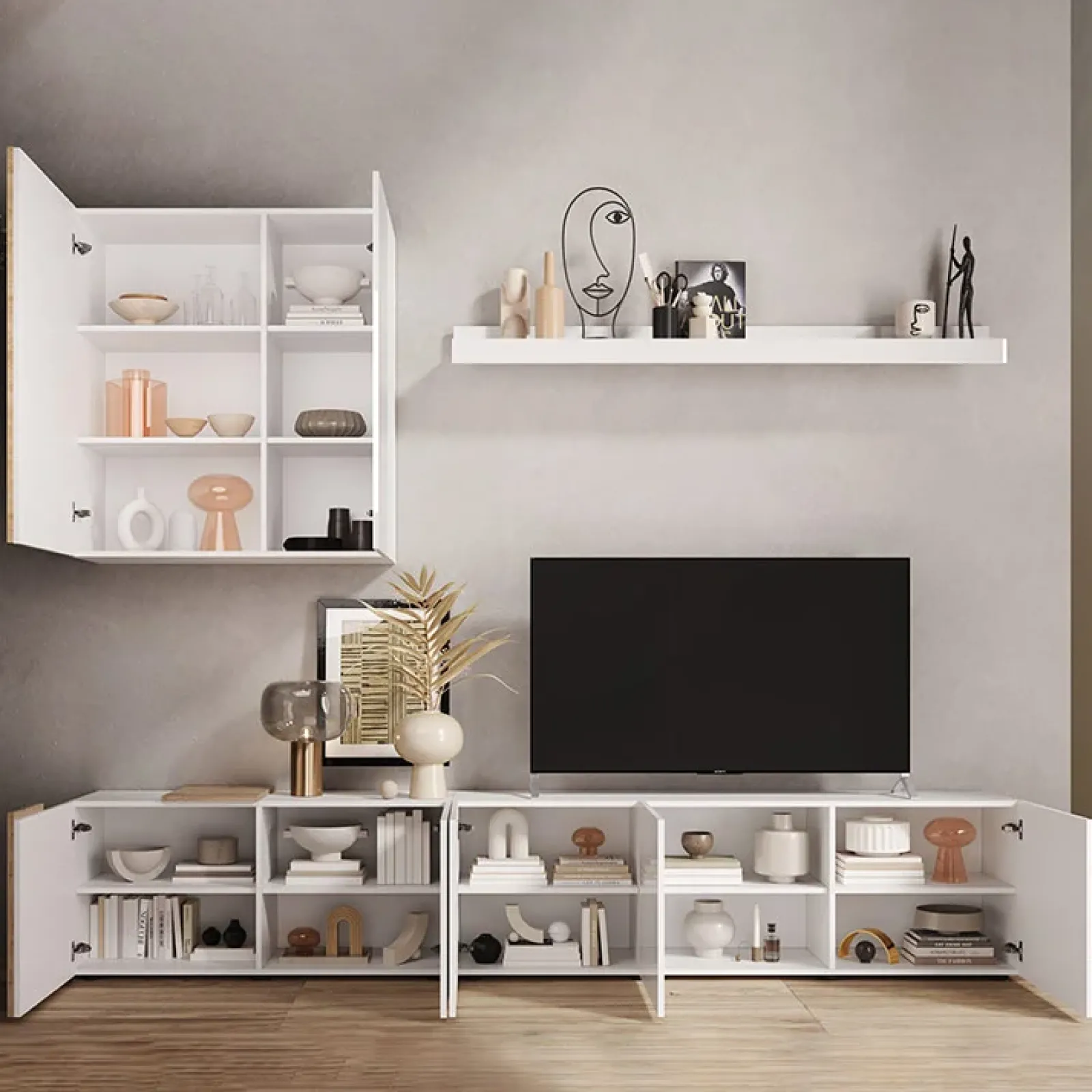 Garnero Arredamenti Parete Attrezzata A Terra|Pareti Attrezzate-Parete attrezzata 301x220h cm soggiorno moderna bianco lucido rovere Universal Bianco Lucido - Rovere