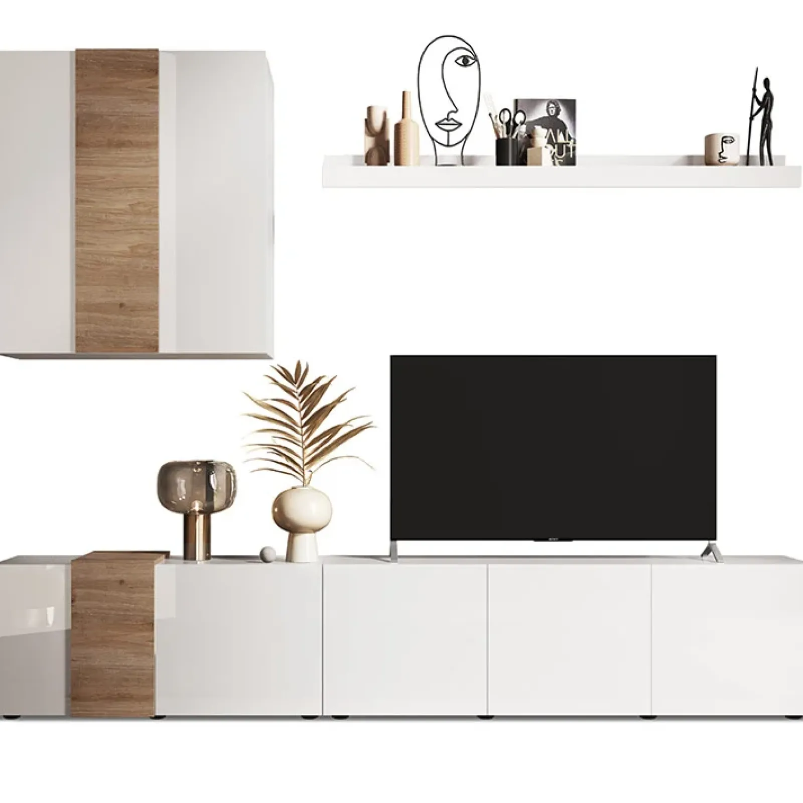 Garnero Arredamenti Parete Attrezzata A Terra|Pareti Attrezzate-Parete attrezzata 301x220h cm soggiorno moderna bianco lucido rovere Universal Bianco Lucido - Rovere