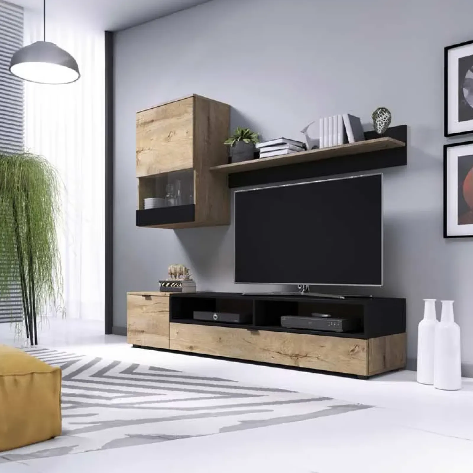 Garnero Arredamenti Parete Attrezzata A Terra|Pareti Attrezzate-Parete attrezzata 175x170h cm soggiorno rovere nero opaco Oden