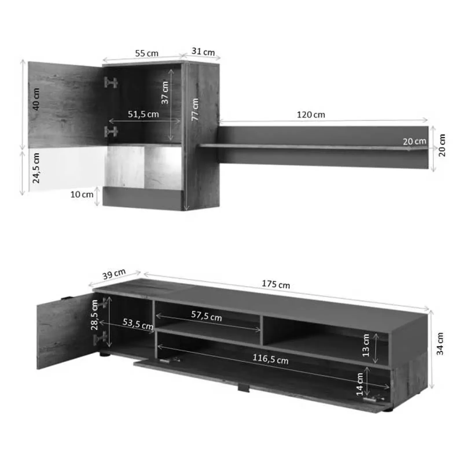 Garnero Arredamenti Parete Attrezzata A Terra|Pareti Attrezzate-Parete attrezzata 175x170h cm soggiorno rovere nero opaco Oden