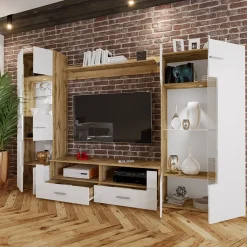 Garnero Arredamenti Parete Attrezzata A Terra|Pareti Attrezzate-Parete attrezzata 280x185h cm soggiorno bianco lucido rovere Wall