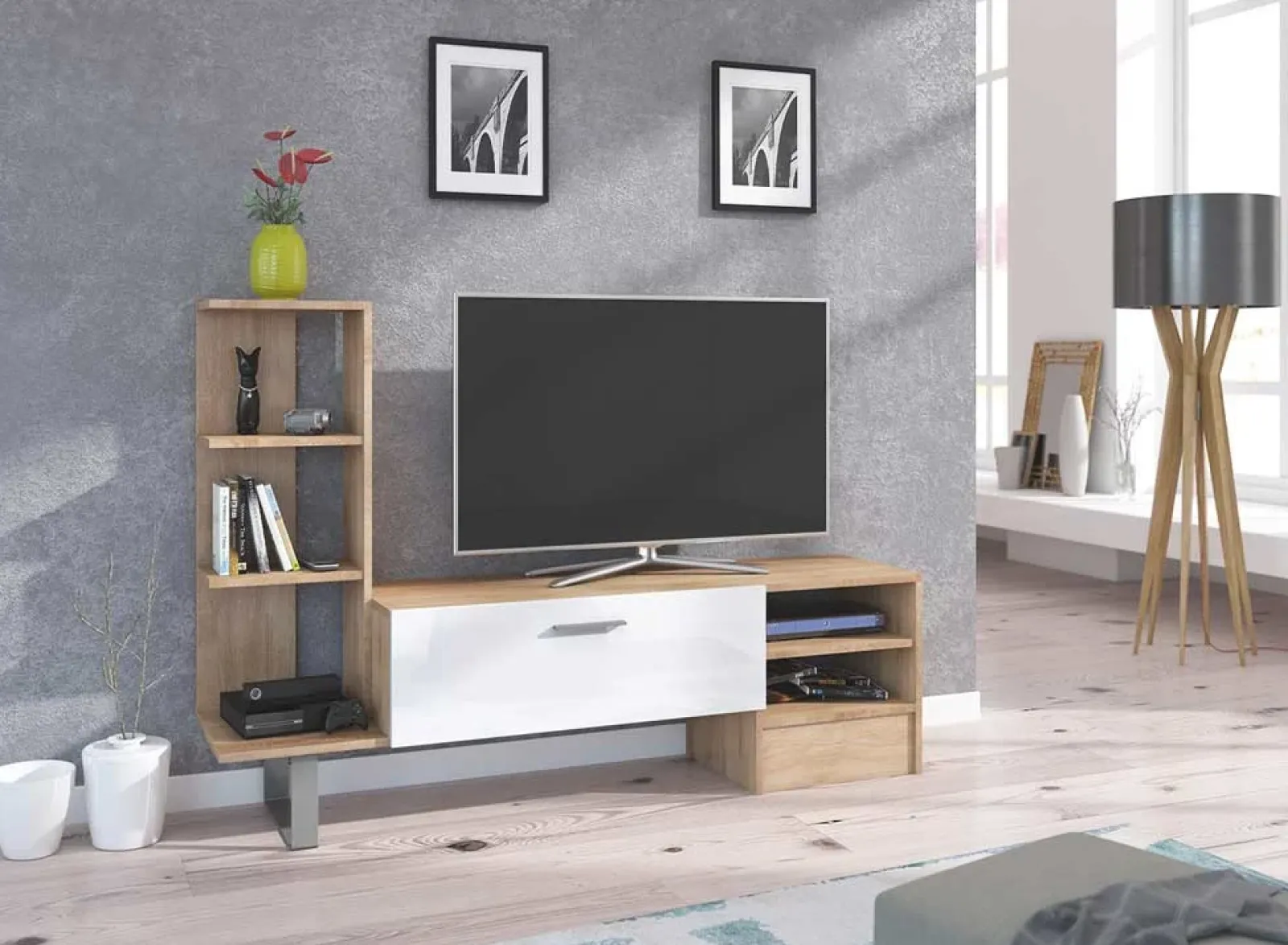 Garnero Arredamenti Parete Attrezzata A Terra|Pareti Attrezzate-Parete attrezzata 152x97h cm soggiorno rovere bianco lucido Isabel