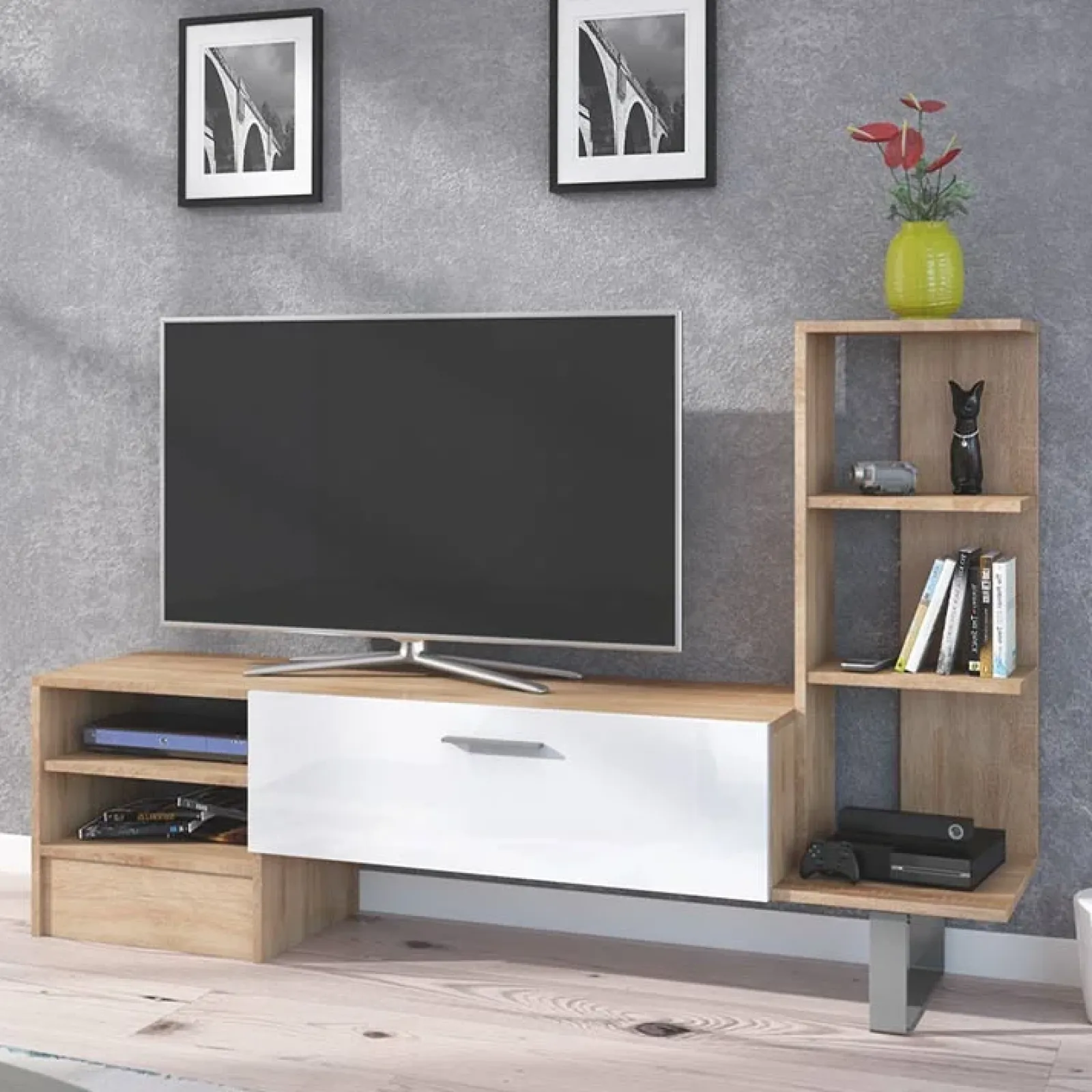 Garnero Arredamenti Parete Attrezzata A Terra|Pareti Attrezzate-Parete attrezzata 152x97h cm soggiorno rovere bianco lucido Isabel