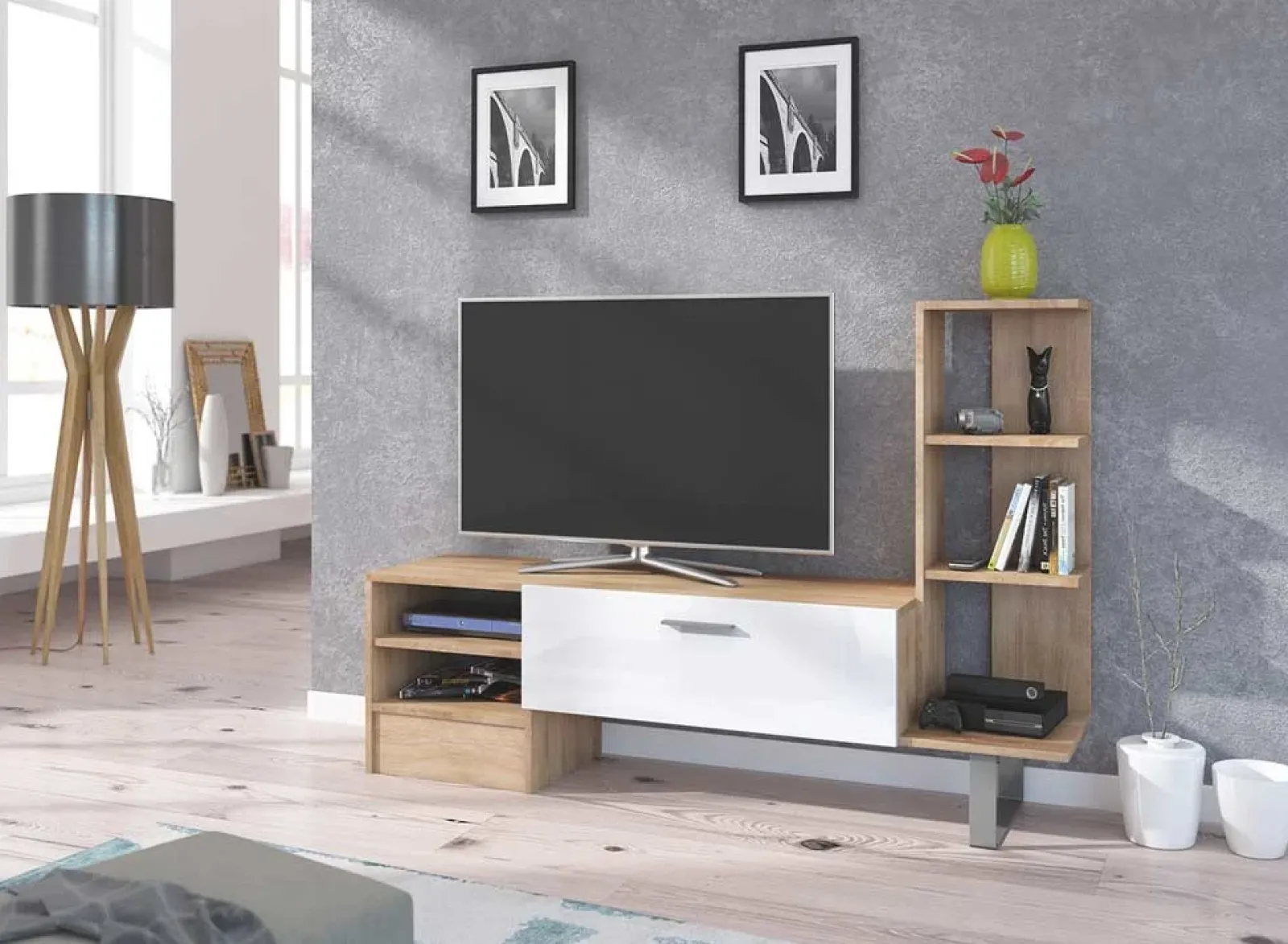 Garnero Arredamenti Parete Attrezzata A Terra|Pareti Attrezzate-Parete attrezzata 152x97h cm soggiorno rovere bianco lucido Isabel