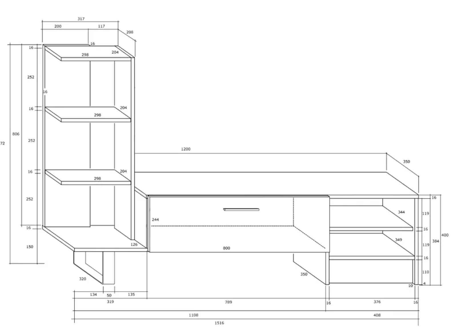 Garnero Arredamenti Parete Attrezzata A Terra|Pareti Attrezzate-Parete attrezzata 152x97h cm soggiorno rovere bianco lucido Isabel