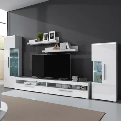 Garnero Arredamenti Parete Attrezzata A Terra|Pareti Attrezzate-Parete attrezzata 350x170h cm soggiorno Frisk Bianco Lucido