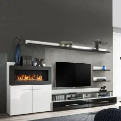 Garnero Arredamenti Camino Bioetanolo|Parete Attrezzata A Terra-Parete attrezzata 290x165h cm soggiorno  bianco opaco e lucido nero Vega Gihome®