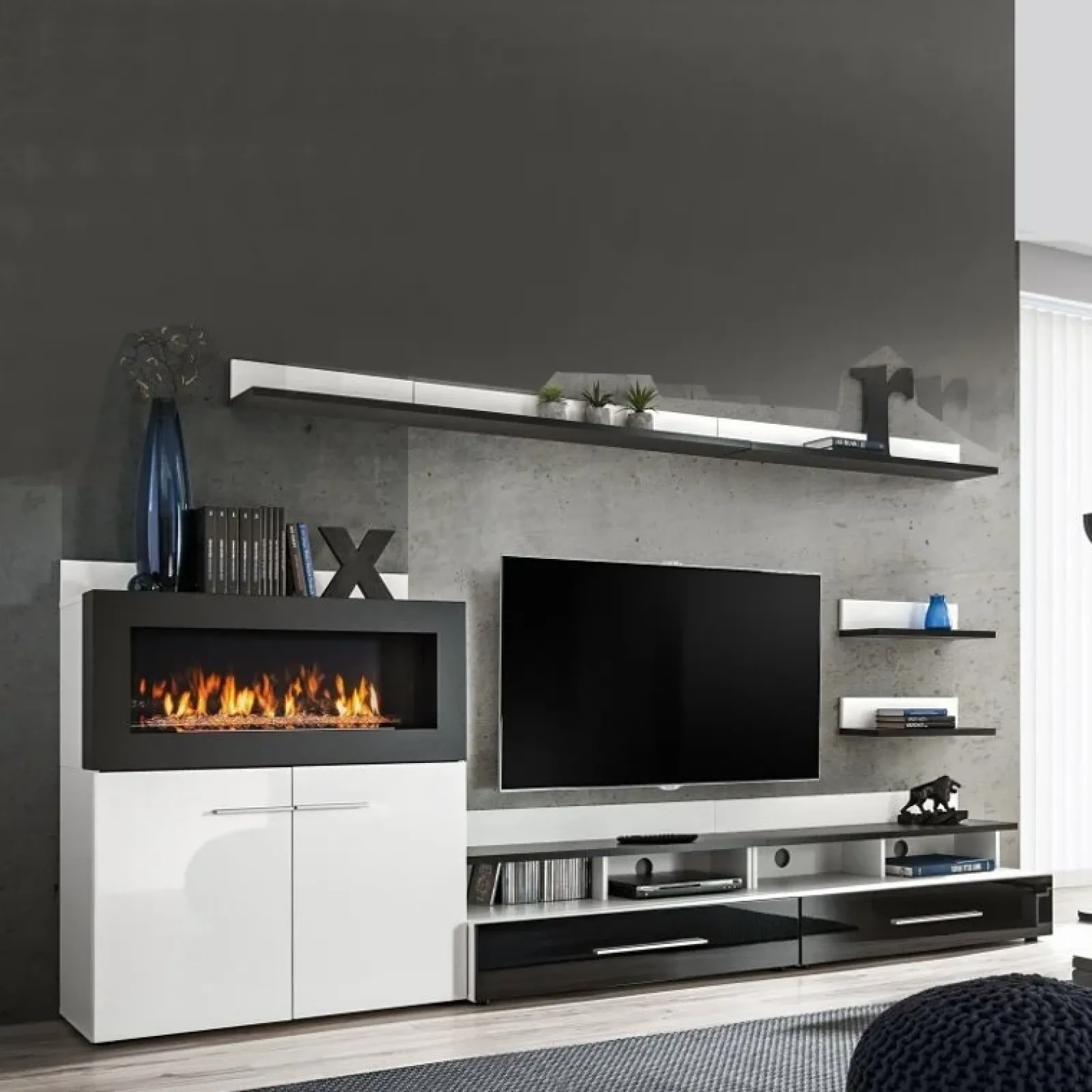 Garnero Arredamenti Camino Bioetanolo|Parete Attrezzata A Terra-Parete attrezzata 290x165h cm soggiorno bianco opaco e lucido nero Vega Gihome®