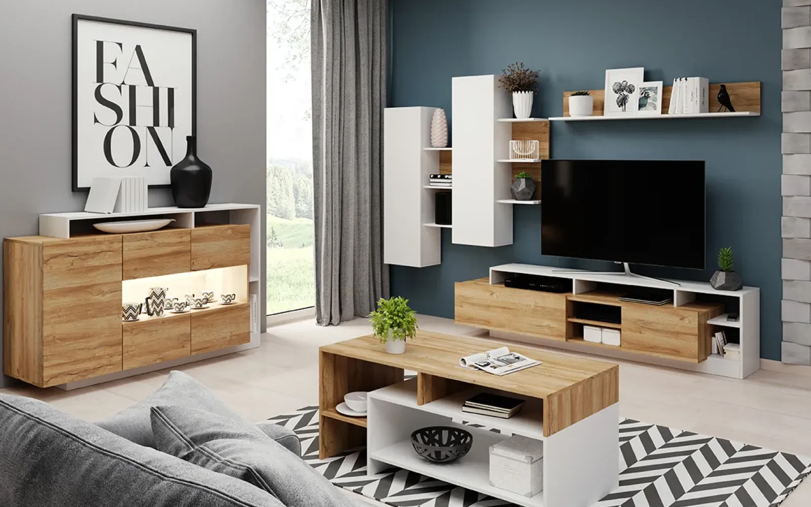 Garnero Arredamenti Parete Attrezzata A Terra|Pareti Attrezzate-Parete attrezzata 260x190h cm soggiorno moderna rovere bianco opaco Blob Rovere - Bianco opaco