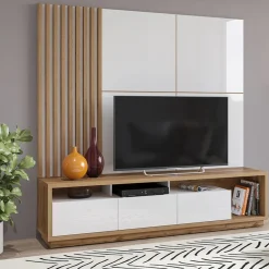 Garnero Arredamenti Parete Attrezzata A Terra|Pareti Attrezzate-Parete attrezzata 200x196h cm soggiorno bianco lucido rovere Favorita Bianco Lucido - Rovere