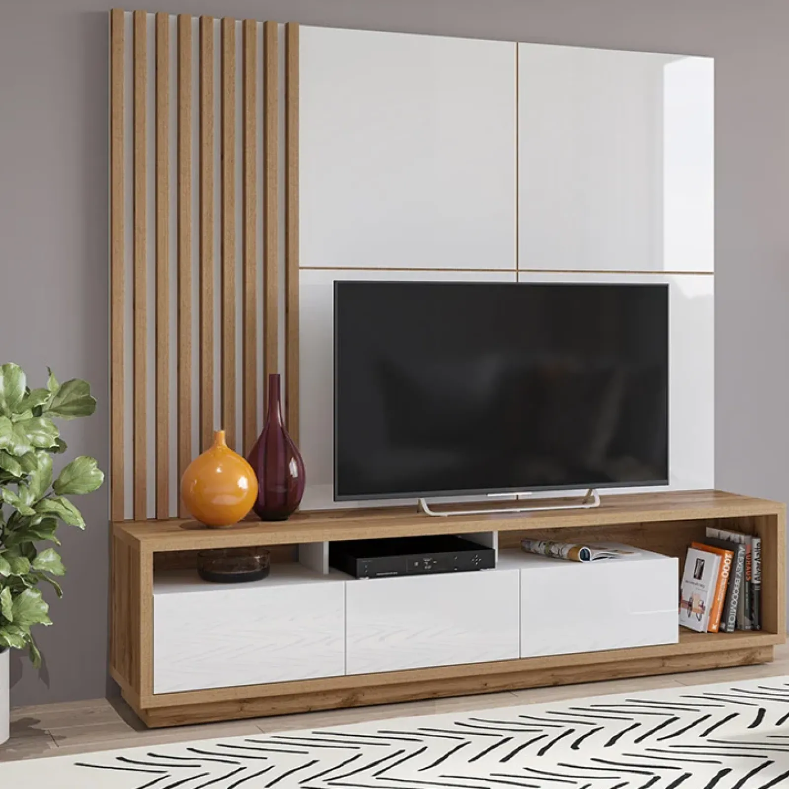 Garnero Arredamenti Parete Attrezzata A Terra|Pareti Attrezzate-Parete attrezzata 200x196h cm soggiorno bianco lucido rovere Favorita Bianco Lucido - Rovere