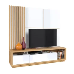 Garnero Arredamenti Parete Attrezzata A Terra|Pareti Attrezzate-Parete attrezzata 200x196h cm soggiorno bianco lucido rovere Favorita Bianco Lucido - Rovere